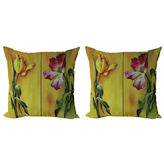 Ambesonne Romantic Throw Pillow Cover 2 Pack, Retro Flower Painting, 20", Pink Yellow Green