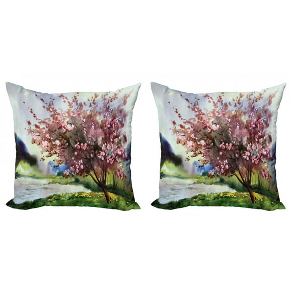 Ambesonne Flower Throw Pillow Cover 2 Pack, Spring Blooming Nature, 24", Pink Green