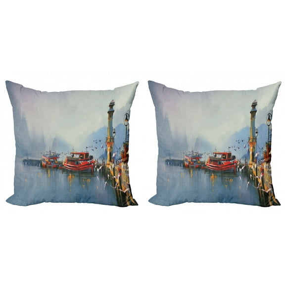 Ambesonne Colorful Throw Pillow Cover 2 Pack, Harbor Boats and Birds, 20", Multicolor