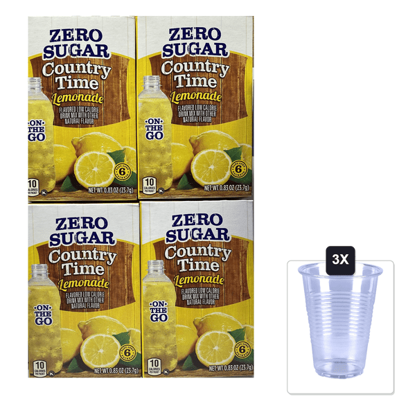Country Time Lemonade Sugar Free On The Go! 6 Packets Powder (Pack Of 4) Gluten Free & 3x 16oz Plastic Cup with Strawless Sip-Lid