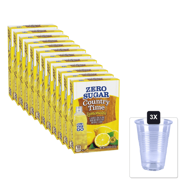 Country Time Lemonade, Zero Sugar, 6 Packets Per Box, 12 Boxes & 3x 16oz Plastic Cup with Strawless Sip-Lid