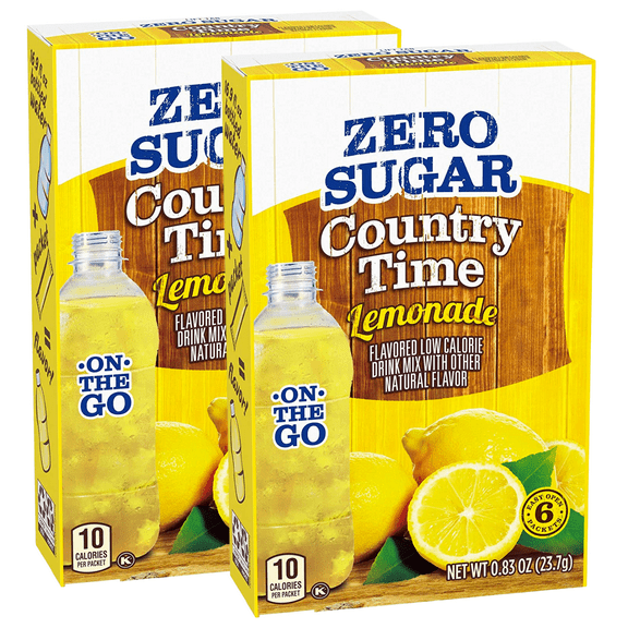 Country Time Lemonade Zero Sugar On The Go 6 Sachet Powdered Drink Mix Low Calorie Water Enhancer Easy to Prepare Sweet Citrusy Taste Beverages, Pack of 2 - Total of 12 Servings