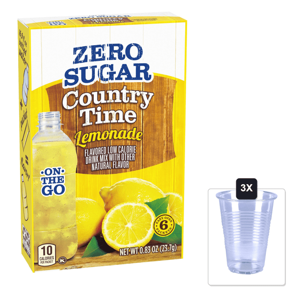 Country Time Lemonade Zero Sugar On The Go 6 Sachet Drink Mix 23.7G (Pack Of 4) & 3x 16oz Plastic Cup with Strawless Sip-Lid