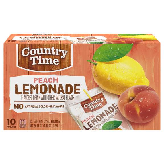 Country Time Peach Lemonade, 10 ct Box, Pouches, 6 fl oz, Pack of 2