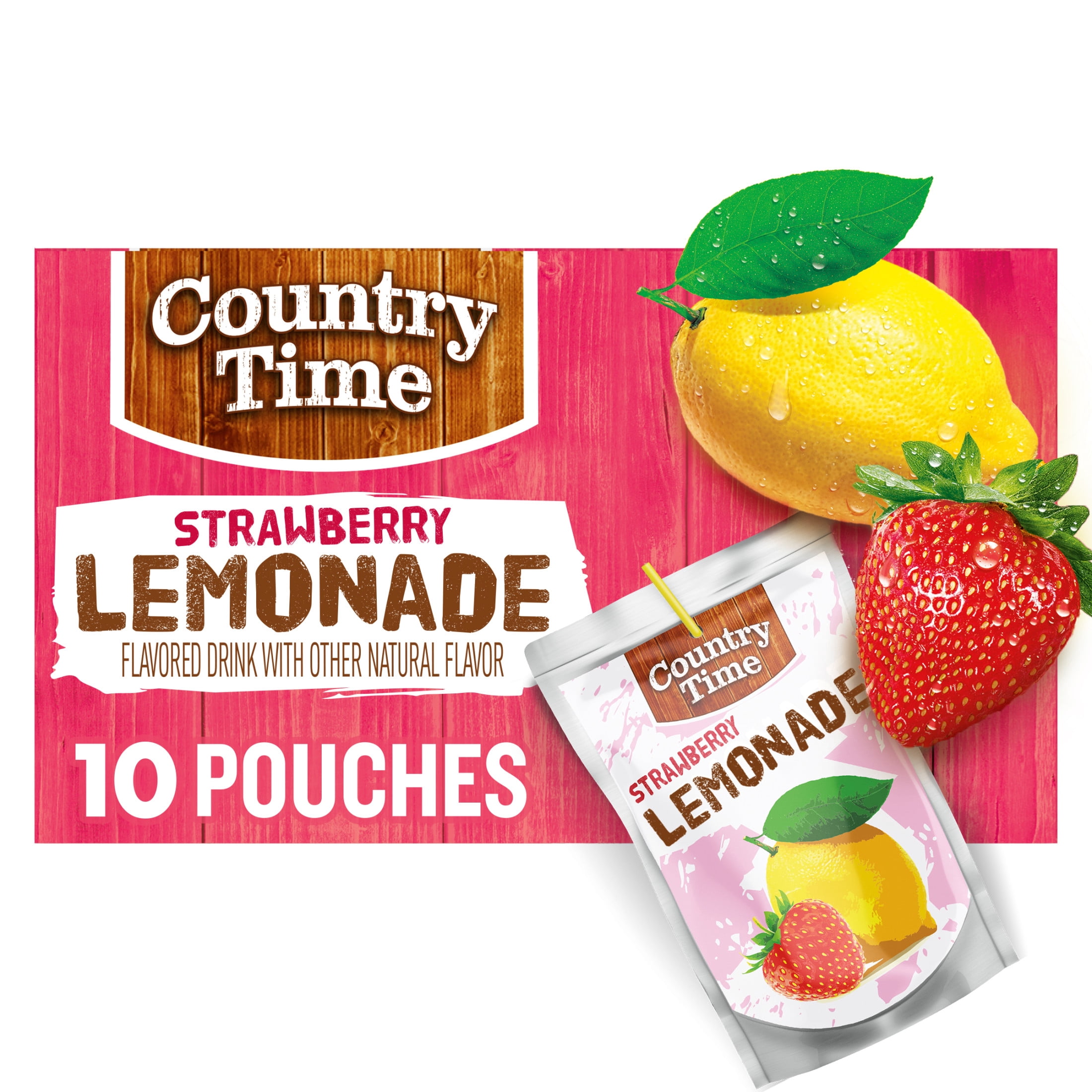 Country Time Ready to Drink Flavored with Other Natural Flavor Drink, 10 Pouches, for School Lunches and On-the-Go Hydration, Strawberry Lemonade, No Artificial Colors or Flavors, 6 fl oz
