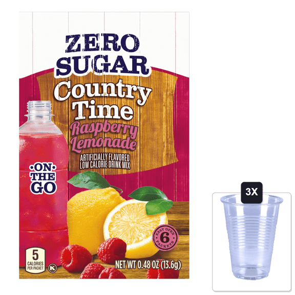 Country Time Sugar-Free Raspberry Lemonade On-The-Go Powdered Drink Mix 72 Count & 3x 16oz Plastic Cup with Strawless Sip-Lid