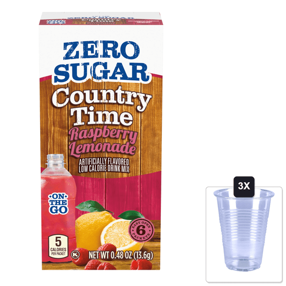 Country Time Zero Sugar Raspberry Lemonade Powdered Drink Mix, 6 Ct On-The-Go Packets, 8 Per Case & 3x 16oz Plastic Cup with Strawless Sip-Lid