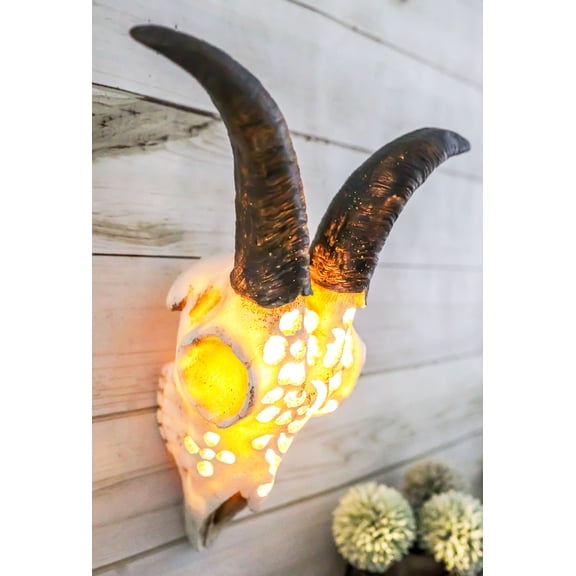 Country Tooled Filigree Shetland Sheep Ram Aged Bone Skull LED Light Wall Decor