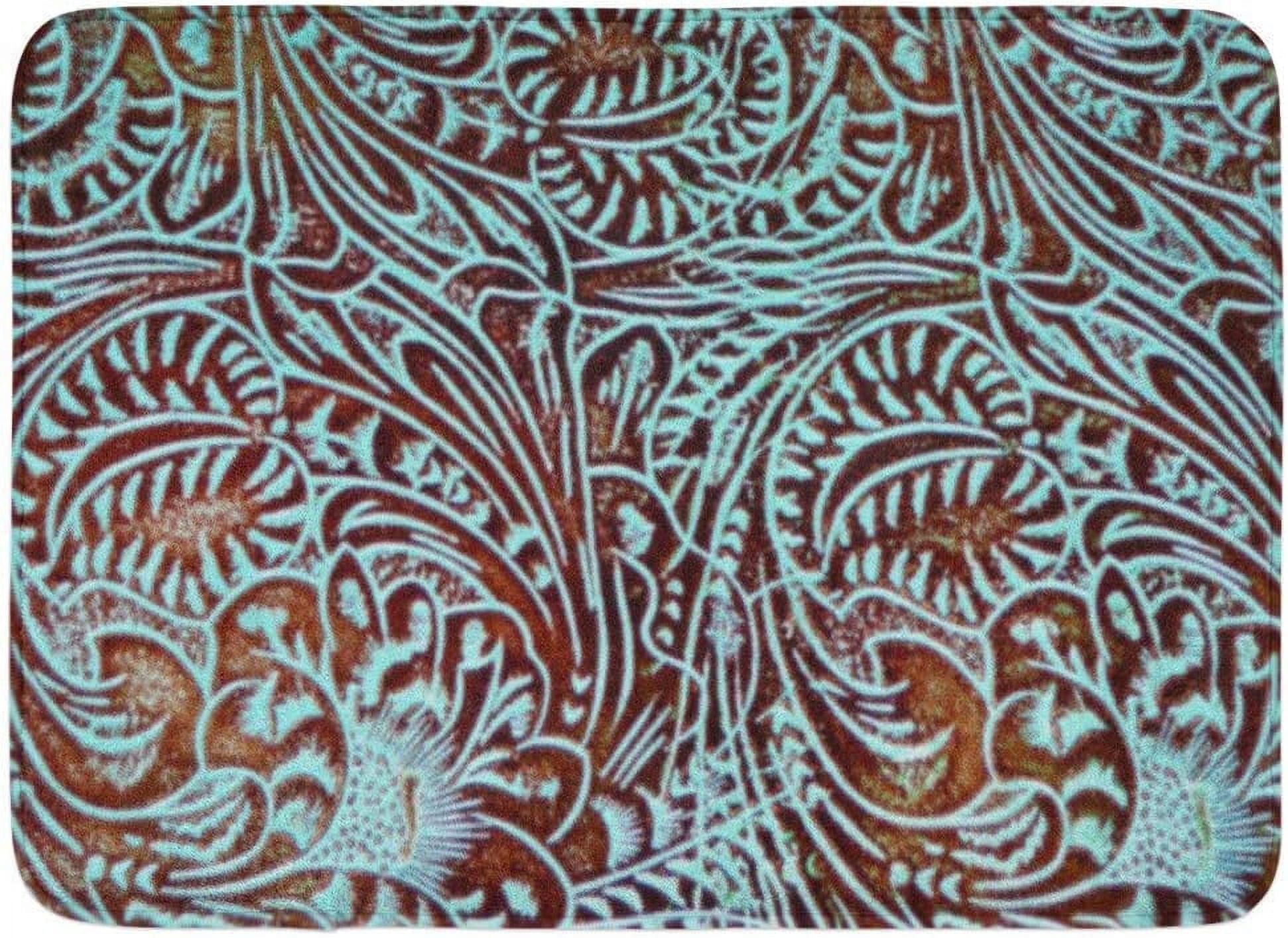 Country Toolin in Teal Brown Bath Mat, Western Rustic Tooled Cowboy Bathroom Rugs Soft Bath Rugs Non Slip, Washable Floor Rug Floor Mat Home Decor for Kitchen Bedroom 16"X 24"