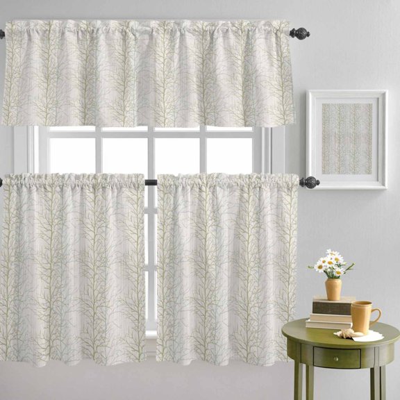 Country Tree Branches Texture Curtain Tier and Valance Set 3 Piece, Seamless Plant Beige Stripe 3-inch Rod Pocket Window Tier Curtains Valance for Kitchen Living Room