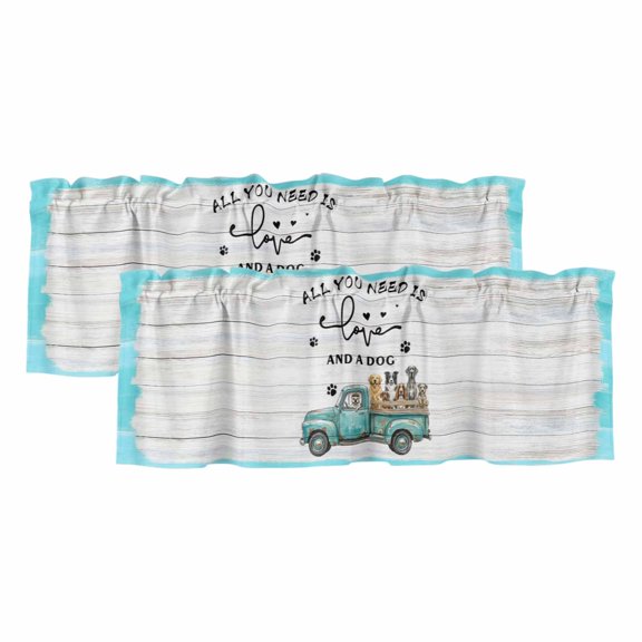 Country Truck Dogs Valances for Windows, Decorative Rod Pocket Window Valance Curtains, Vintage Animals Paw Text Wooden Plank Short Curtain Drapes for Kitchen/Living Room, 2 Panels, 42" W x 12" L