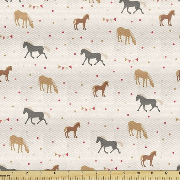 Ambesonne Country Fabric by the Yard Upholstery, Farm Party Horse Polka Dots, 10 Yards, Champagne and Multicolor
