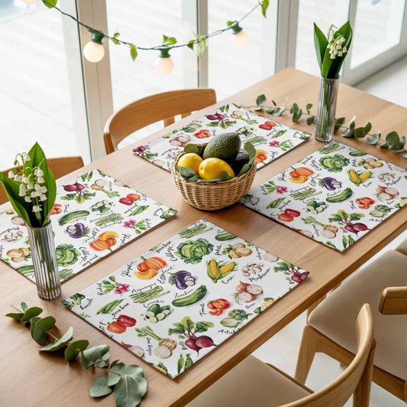 Country Vegetables Placemats Set of 4,Wipeable Washable Table Mats for Dining Tables, Rustic Farmhouse Plant Theme Place Mats for Kitchen Event Party Tabletop Decor