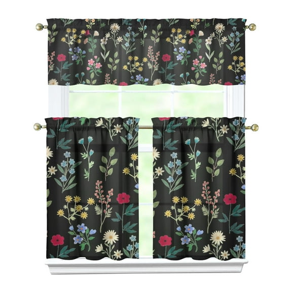 Country Vintage Curtains 36 Inch Short - 3 Panel Floral Rustic Set with Bohemian Wildflowers, Rod Pocket Window Treatment for Farmhouse Kitchen