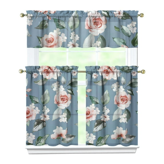 Country Vintage Curtains 36 Inch Short - 3 Panel Floral Rustic Set with Bohemian Wildflowers, Rod Pocket Window Treatment for Farmhouse Kitchen