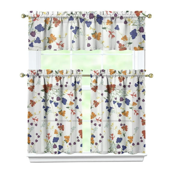 Country Vintage Curtains 36 Inch Short - 3 Panel Floral Rustic Set with Bohemian Wildflowers, Rod Pocket