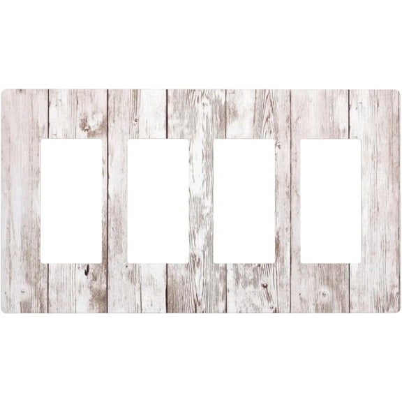 Country Vintage Distressed White Wood 4 Gang Quad Rocker/GFCI/Decorator Light Switch Cover Plate Decorative Electric Quadruple Faceplate Switchplate Screwless