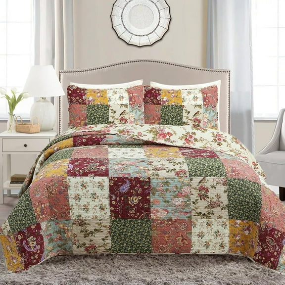 Country Vintage Farmhouse Multicolor Floral Paisley Patchwork Cotton Queen 3 Piece Quilt Bedding Set