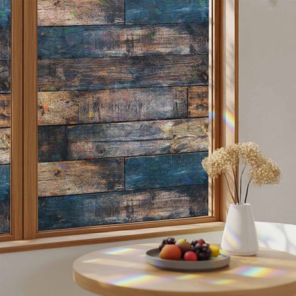 Country Vintage Wood Board Window Privacy Film,Heat Control Sun Blocking Static Cling Rainbow Film,Rustic Mottled Shabby Wooden Non-Adhesive Glass Sticker Door Window Tint,19.6" x 39.3"