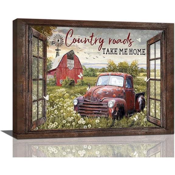 Country Wall Art Farmhouse Truck Barn Windmill Pictures Wall Decor Rustic Canvas Prints Artwork Paintings For Bathroom Kitchen Bedroom Office Ready To Hang Framed 16"x12"