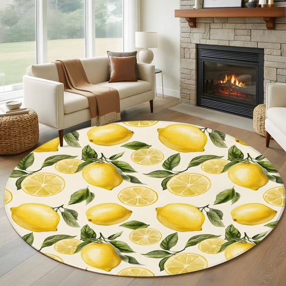 Country Watercolor 7FT Round Area Rugs for Living Room 111 Lemon Slice Fruit Leaf Beige Farmhouse Ultra-Thin Non-Slip Round Rugs Machine Washable Low Pile Circle Carpet for Bedroom Kitchen Nursery