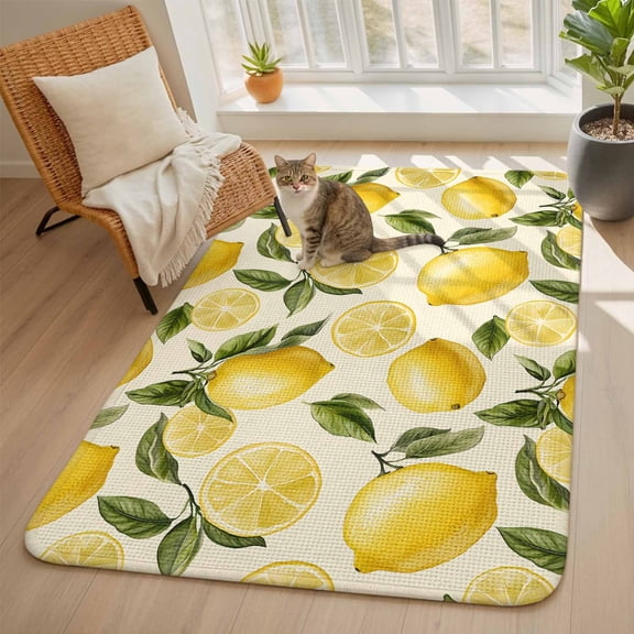Country Watercolor Area Rugs for Living Room 5x6, Lemon Slice Fruit Leaf Beige Farmhouse Washable Area Rug with Non Slip Backing, Stain Resist Carpet for Bedroom, Dining Room, Entryway, Entrance