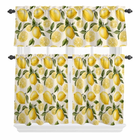 Country Watercolor Curtain Valances Set Lemon Slice Fruit Leaf Beige Farmhouse Kitchen Curtains 24 inch Length Rod Pocket Valance and Tiers 3 Piece Set Small Bedroom Bathroom Laundry Decor
