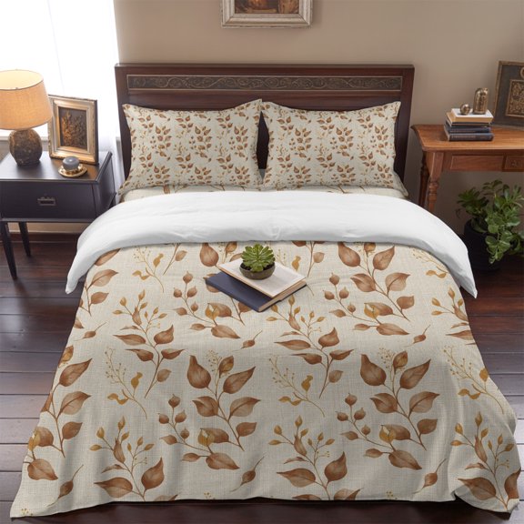 Country Watercolor Fallen Leaf Queen Size Bed Set,Retro Linen Texture Bedding for All Seasons,4 Pcs Bed Set,1 Quiltcover (90"x90"),1 Sheet (90"x102"),2 Pillowcases (20"x30")