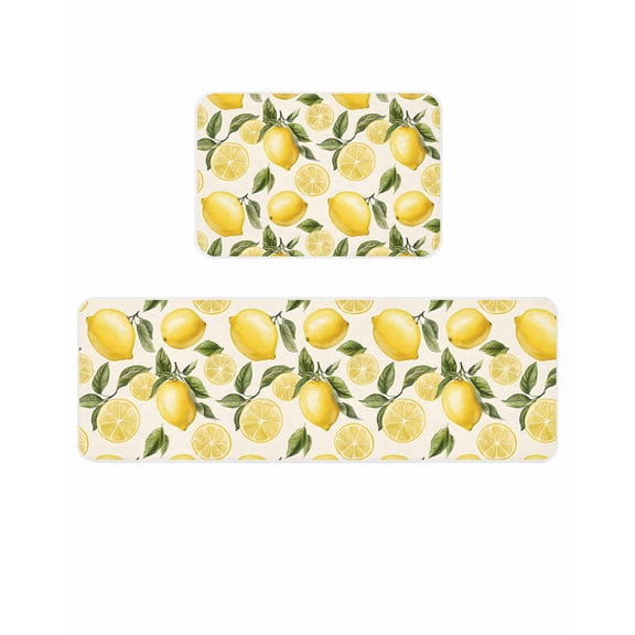Country Watercolor Kitchen Mats for Floor 2 Piece, Lemon Slice Fruit Leaf Beige Farmhouse Absorbent Non-Slip Kitchen Rugs Comfort Standing Mat for Laundry, Hallways 20"x24"+20"x48"