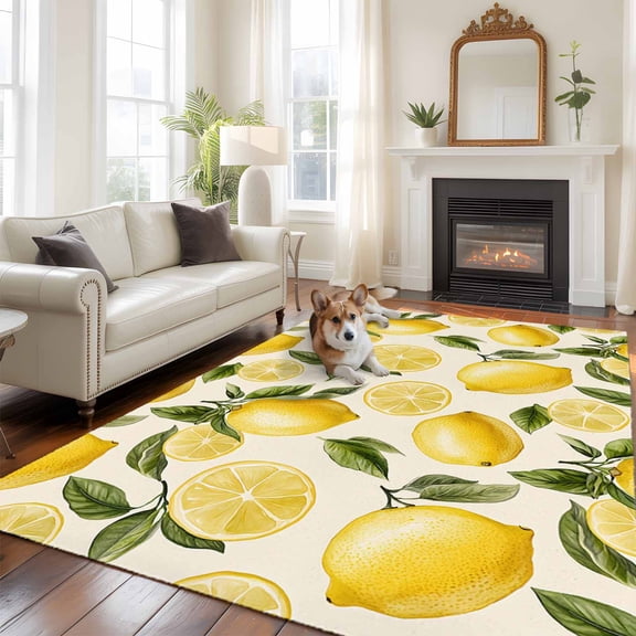 Country Watercolor Large Area Rugs 6x9 ft Lemon Slice Fruit Leaf Beige Farmhouse Washable Rug Non Slip Indoor Carpet Absorbent Floor Mat for Living Room Bedroom Dining Room