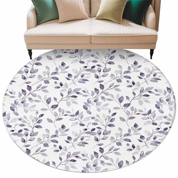 Country Watercolor Leaf Round Area Rug 7ft Purple Leaves Plant Non-Slip Washable Circle Rugs Soft Felt Indoor Floor Mat for Bedroom Kitchen Living Room Bathroom