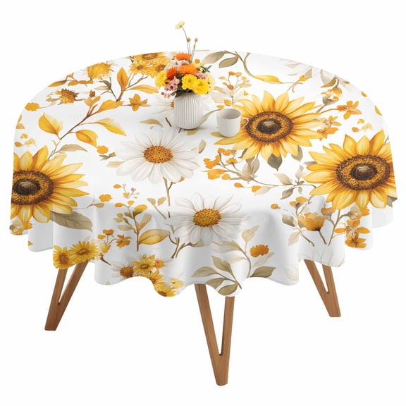 Country Watercolor Round Tablecloth 54 inches Sunflowers Yellow Green Leaf Vintage Waterproof Oil-Proof Table Cloth Round Table Cover for Holiday Party Picnic Dinner Decor Indoor and Outdoor Use