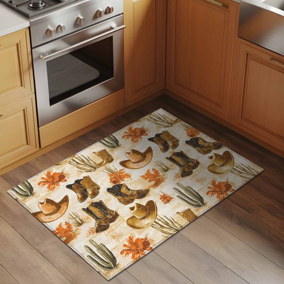 Country Watercolor Style 2x3 Rug for Entryway Front Door Kitchen Sink Area, Vintage Cowboy Boots Hat Low Pile Washable Non Slip Rectangle Area Rug