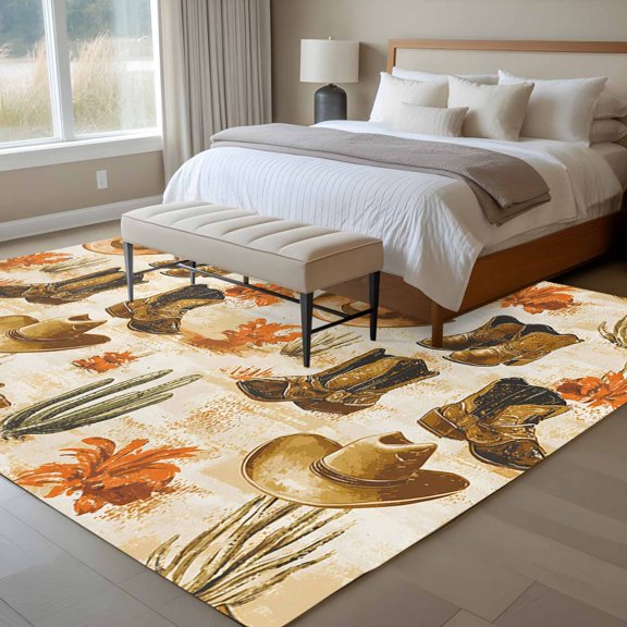 Country Watercolor Style 6x9 Rug for Dining Room Table and Chair Setup, Vintage Cowboy Boots Hat Low Pile Washable Non Slip Rectangle Area Rug