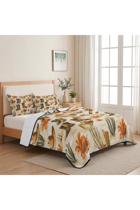 Country Watercolor Style Twin Size Quilt Set Lightweight Bedspread Coverlet Set, Vintage Cowboy Boots Hat Quilted Bedding Cover with 2 Pillow Shams for All Season Layering 68"x86"