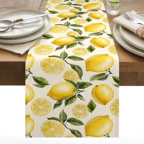 Country Watercolor Table Runner 13x48 inch Lemon Slice Fruit Leaf Beige Farmhouse Cotton Linen Dining Table Runner Ideal for Dresser Kitchen Coffee Tables - Machine Washable