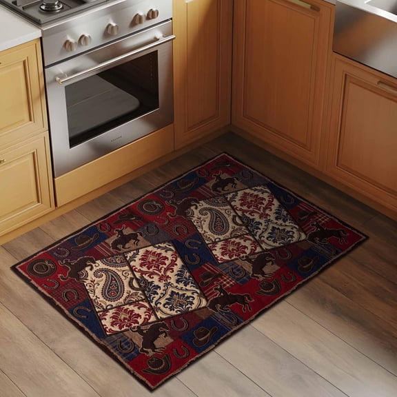 Country Western 2x3 Rug for Entryway Front Door Kitchen Sink Area, Cowboy Hat Red Blue Plaid Paisley Flower Texture Low Pile Washable Non Slip Rectangle Area Rug