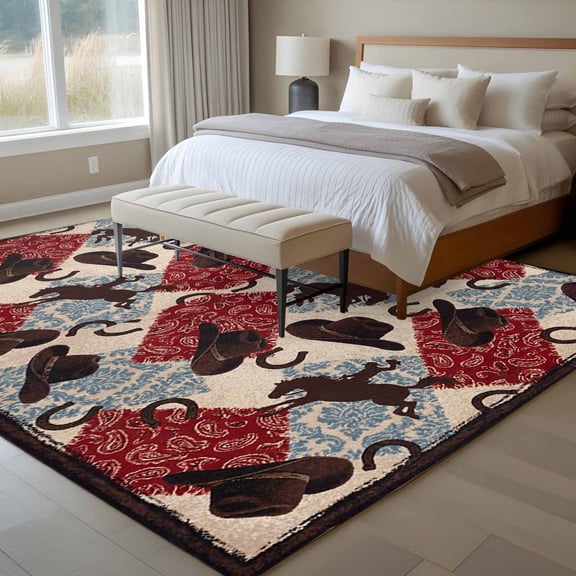 Country Western 6x9 Rug for Dining Room Table and Chair Setup, Cowboy Hat Red Blue Paisley Flower Patchwork Low Pile Washable Non Slip Rectangle Area Rug