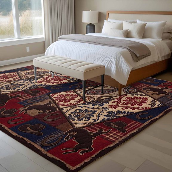 Country Western 6x9 Rug for Dining Room Table and Chair Setup, Cowboy Hat Red Blue Plaid Paisley Flower Texture Low Pile Washable Non Slip Rectangle Area Rug