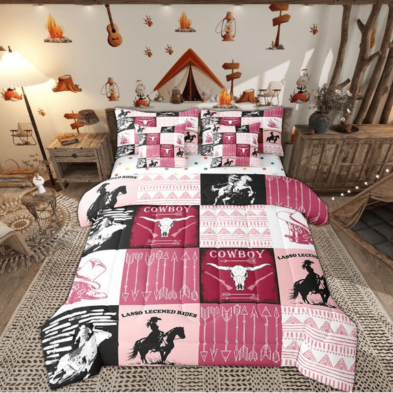 Country Western Bedding Sets Tribe Geometry Aztec 7 Piece Comforter Set Full Bed in a Bag,Cowboy Horse Sheet Set with Comforter,Gothic Bull Skull Cowgirl Southwestern Decor,Black Pink