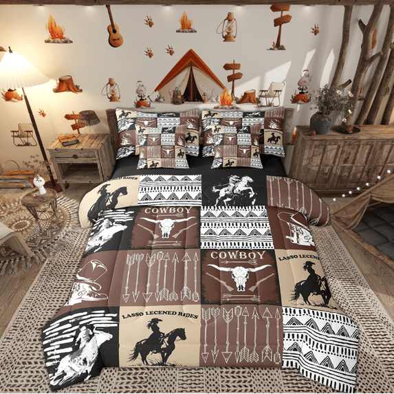 Country Western Bedding Sets Tribe Geometry Aztec Bed in a Bag King Size Comforter Set 7 Pieces,Cowboy Horse Sheet Set with Comforter,Gothic Bull Skull Cowgirl Southwestern Decor,Black Brown