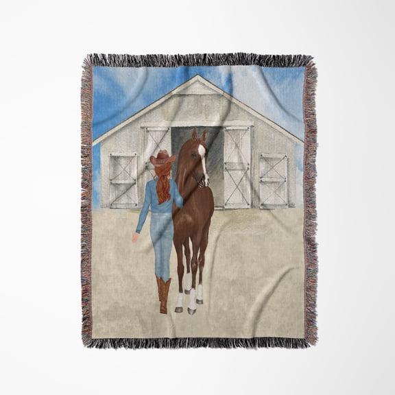 Country Western Cowgirl With Her Horse And A Stable For Country Girls, Woven Blanket