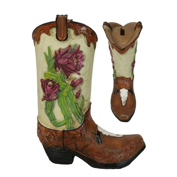 Country Western Texas Longhorn Cow Skull With Rose Cactus Cowboy Boot Money Bank