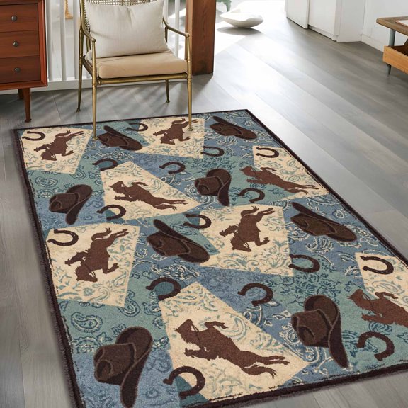 Country Western Theme 3x5 Rug for Bedroom Foot of Bed Small Living Room, Brown Cowboy Hat Blue Plaid Flower Texture Washable Non Slip Rectangle Area Rug