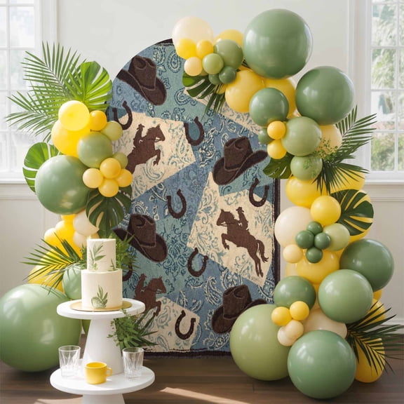 Country Western Theme Arch Backdrop Cover, 5FT, Brown Cowboy Hat Blue Plaid Flower Texture Spandex Arch Covers Double-Sided Backdrop for Wedding Birthday Party Photo Background Decoration