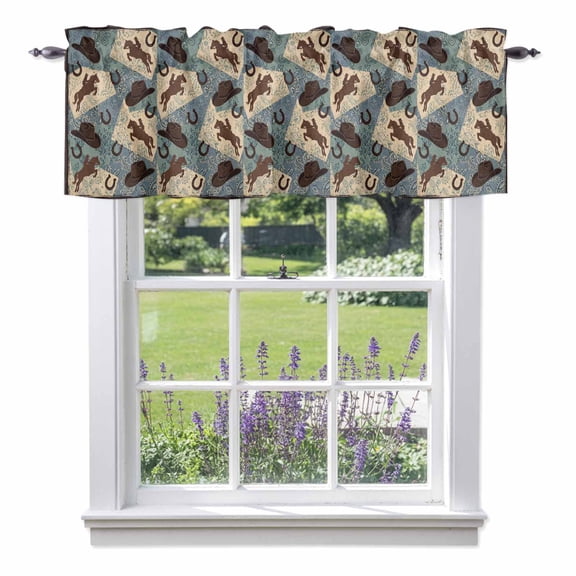 Country Western Theme Valances for Windows Brown Cowboy Hat Blue Plaid Flower Texture Rod Pocket Cafe Window Treatments Valance Curtains for Kitchen Bathroom Laundry Basement Windows 60"x18"