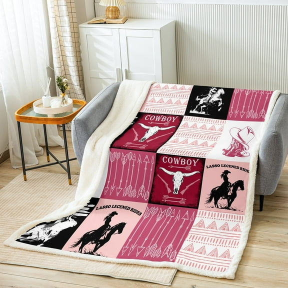 Country Western Throw Blanket 40"x50",Tribe Geometry Aztec Blanket Cowboy Horse Fleece Blanket,Gothic Bull Skull Bed Blanket Cowgirl Southwestern Decor,Black Pink
