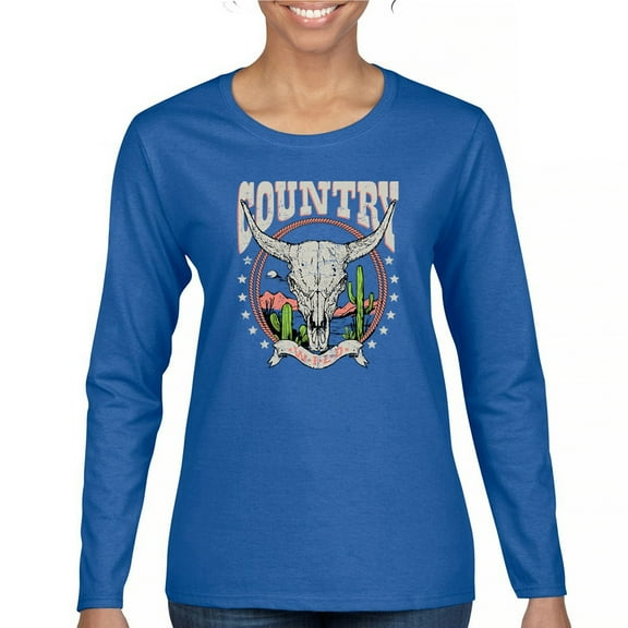 Country Wild Women's Long Sleeve T-shirt Steer Skull Desert Cowgirl Rodeo Farm Life