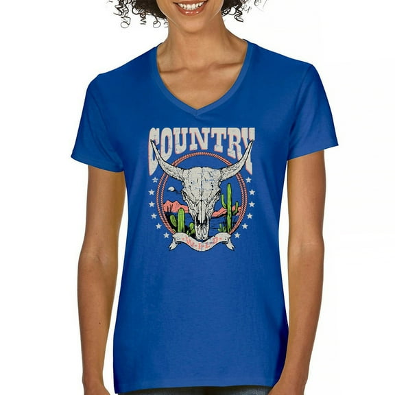 Country Wild Women's V-Neck T-shirt Steer Skull Desert Cowgirl Rodeo Farm Life