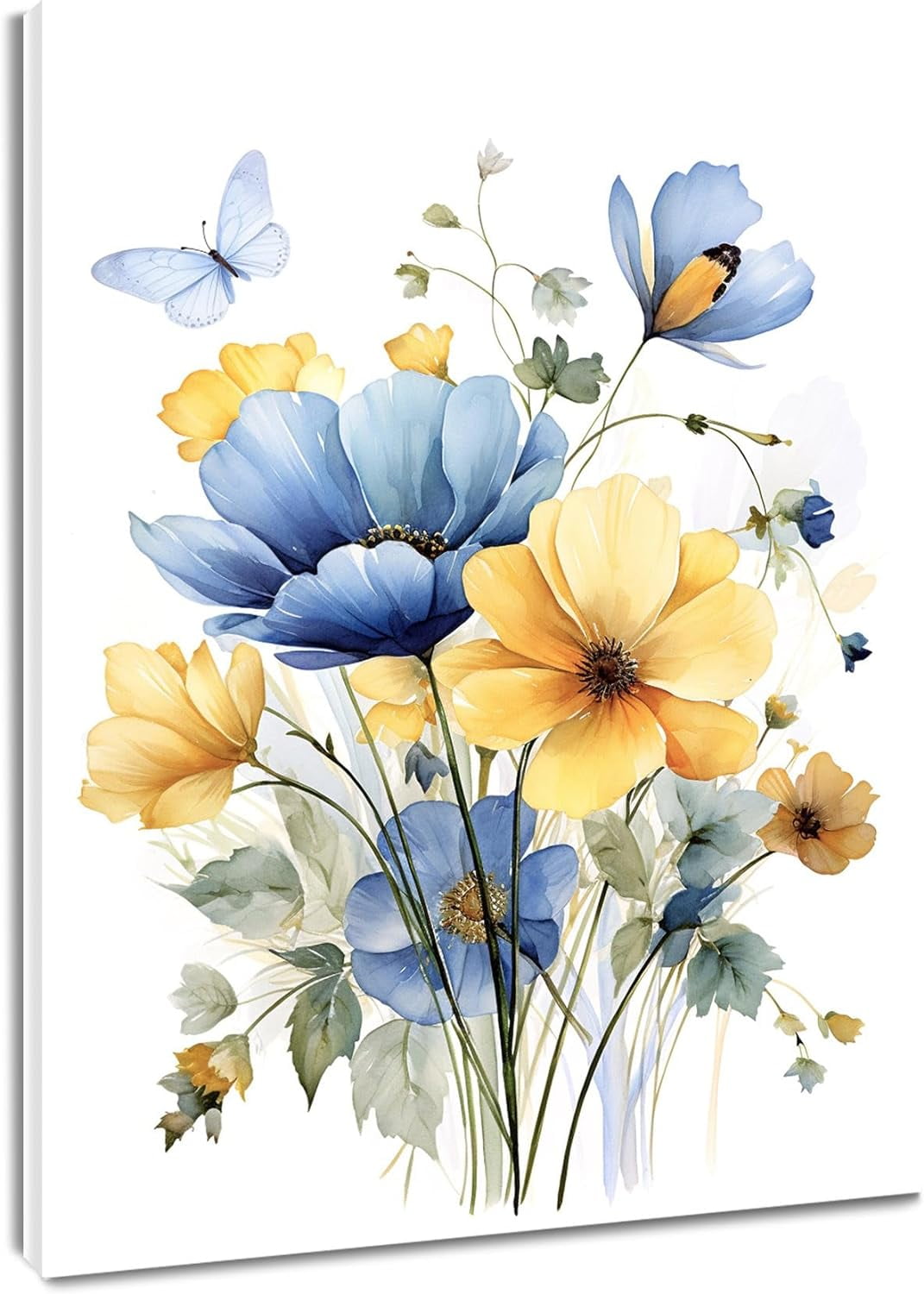 Country Wildflower Canvas Wall Art Blue and Yellow Floral and Butterfly Pictures Wall Decor Blue Watercolor Flower Nature Plant Wall Art for Living Room Bedroom Bathroom Decor,24L X 16W inches